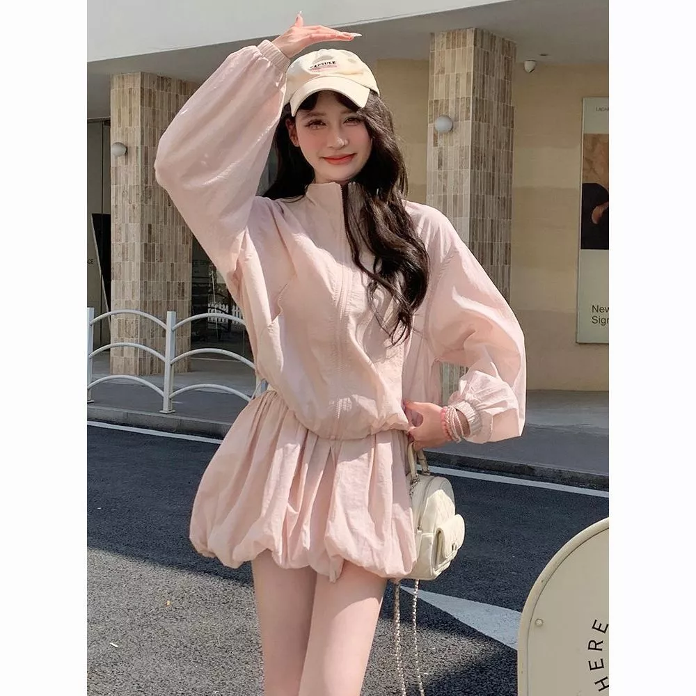 [Pre-Order]-Bộ áo ngắn hồng và chân váy phồng cho phụ nữ, trang phục mùa hè ngọt ngào, bộ quần áo bảo vệ nắng hoàn chỉnh