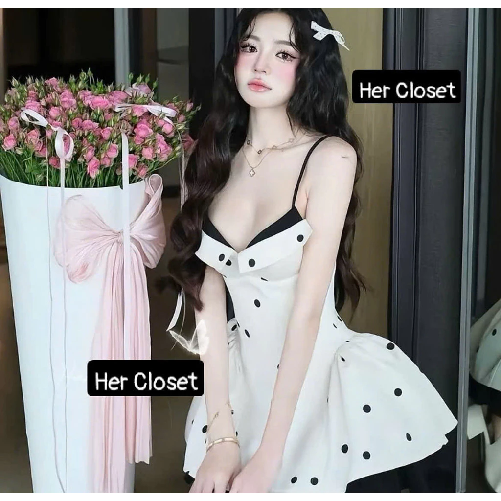 [HÀNG THIẾT KẾ] Váy 2 dây dáng xoè,  váy chấm bi phối màu, đầm 2 dây chấm bi sang chảnh, đầm đi tiệc, váy đi đám cưới,sẵ
