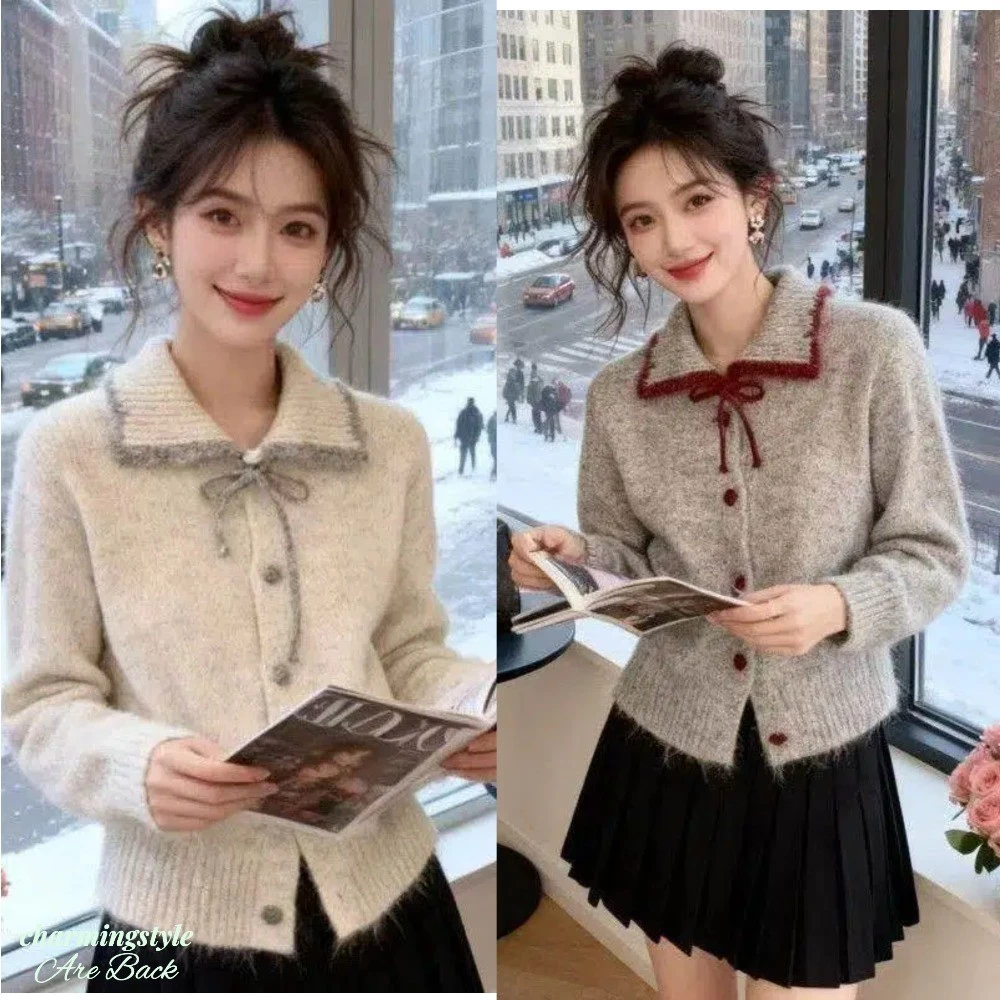 Áo Khoác Cardigan Dệt Kim Dài Tay Nữ Kiểu Dáng Thu Đông Mới Áo Len Cổ Bẻ Thời Trang Mềm Mại