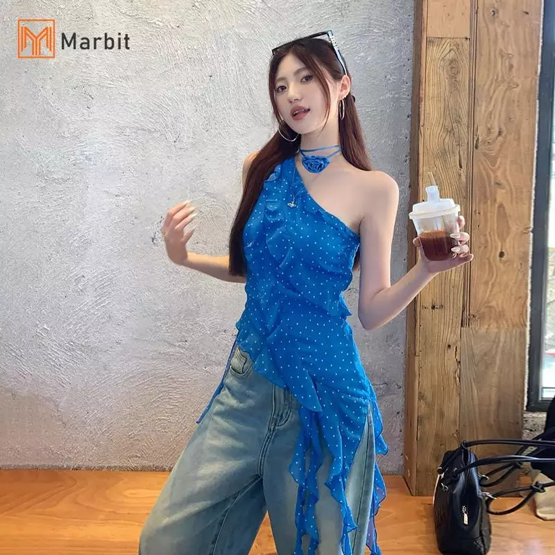 Áo hai dây chấm bi màu xanh nhẹ nhàng, viền xù không tay dành cho nữ mùa hè