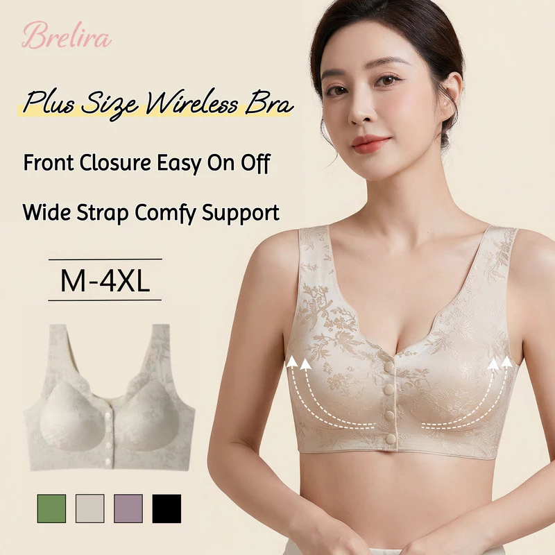 Áo ngực Brelira dành cho phụ nữ trung niên, cỡ lớn, chất liệu vải mềm mại, họa tiết hoa jacquard, cài trước, dễ mặc, không gọng, dây đeo rộng, nâng đỡ và định hình cơ thể.
