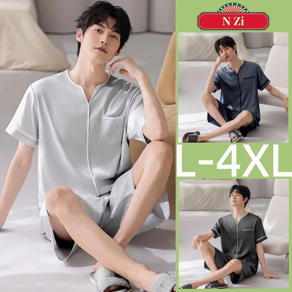 Bộ Đồ Ngủ Nam Lụa Satin Từ L Đến 4XL Phù Hợp Mùa Hè Với Thiết Kế Hàn Quốc Và Tay Ngắn