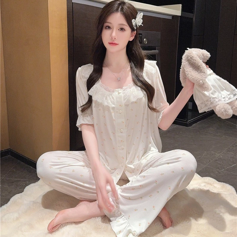 Bộ đồ ngủ nữ mùa hè mới bằng vải cotton modal ren hoa, thoải mái, tay ngắn, quần dài, hai mảnh, dùng mặc ở nhà.