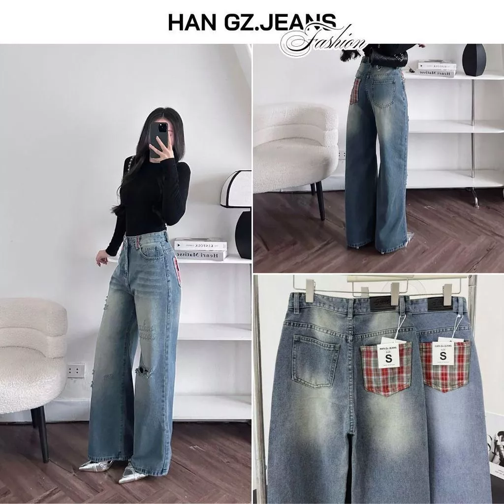 Quần Jeans Nữ HAN.Gz Jeans R505 Lưng Cao Ống Rộng Dáng Suông Túi Karo Đỏ Chất Liệu Cotton Bền Màu Phù Hợp Mọi Outfit