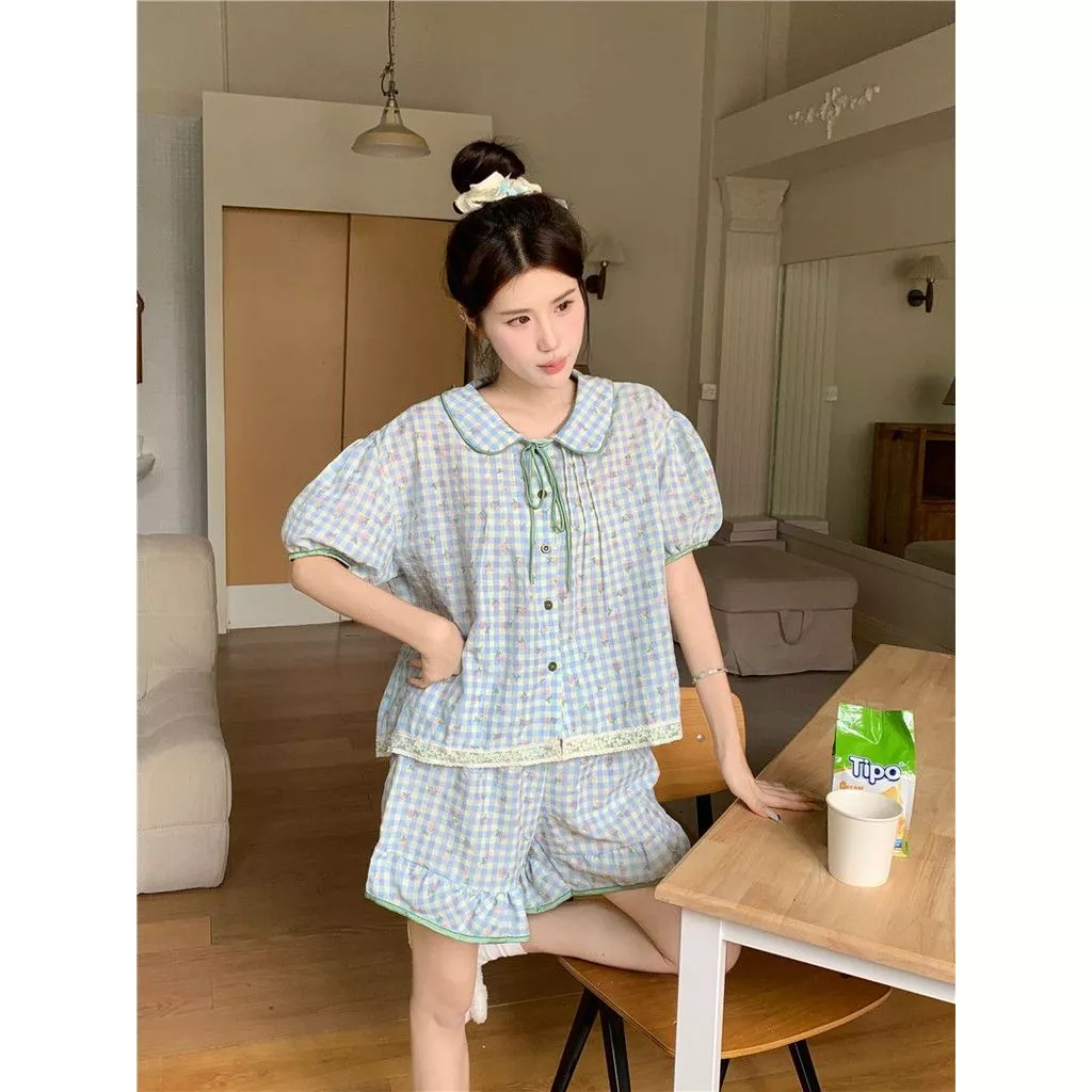 Bộ đồ ngủ cổ búp bê kiểu mới dành cho nữ, bộ đồ mặc nhà mùa hè ngọt ngào và dễ thương với quần short tay ngắn - Order