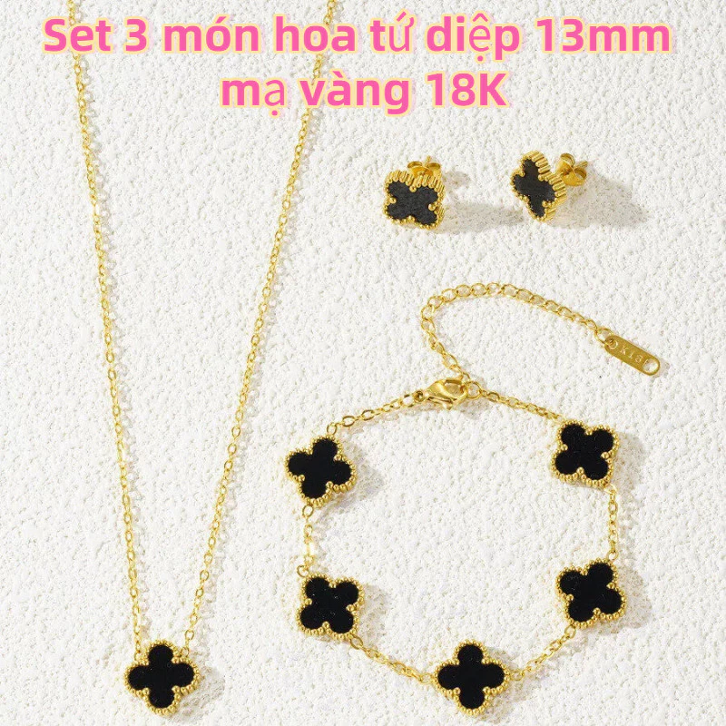 Bộ tứ lá may mắn: vòng tay, dây chuyền, hoa tai – set 4 món / Trang sức cao cấp không phai màu