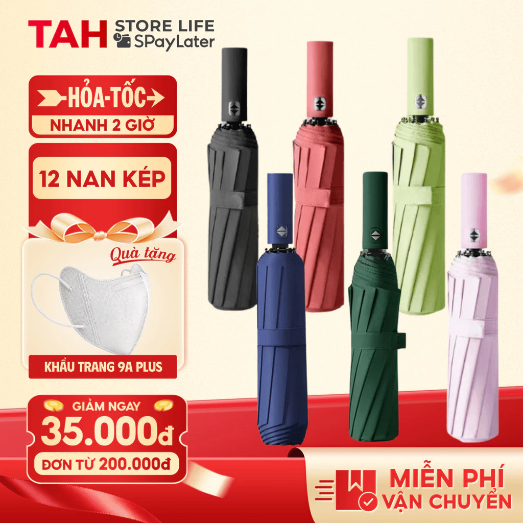 Ô Che Mưa Gấp Gọn Tự Động Mở Đóng Chống Nắng, Mưa Hiệu Quả, Khung Thép Chống Gió Siêu Bên 12 Nan - Quà Tặng Bao Lì Xì