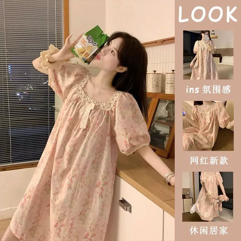 Váy Ngủ Hoa Ngọt Ngào Phong Cách Nhật Bản Dành Cho Nữ, Kiểu Dáng Mùa Hè Mới, Bộ Đồ Ngủ Mặc Nhà Tay Ngắn Rộng Rãi - Order
