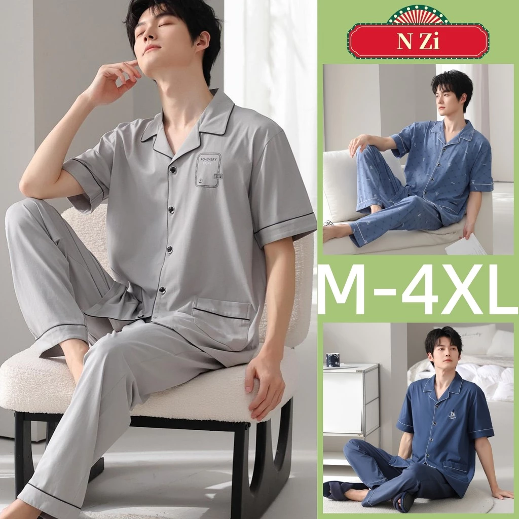 Bộ đồ ngủ nam cotton, tay ngắn, kích thước từ M đến 4XL, mặc nhà mùa hè