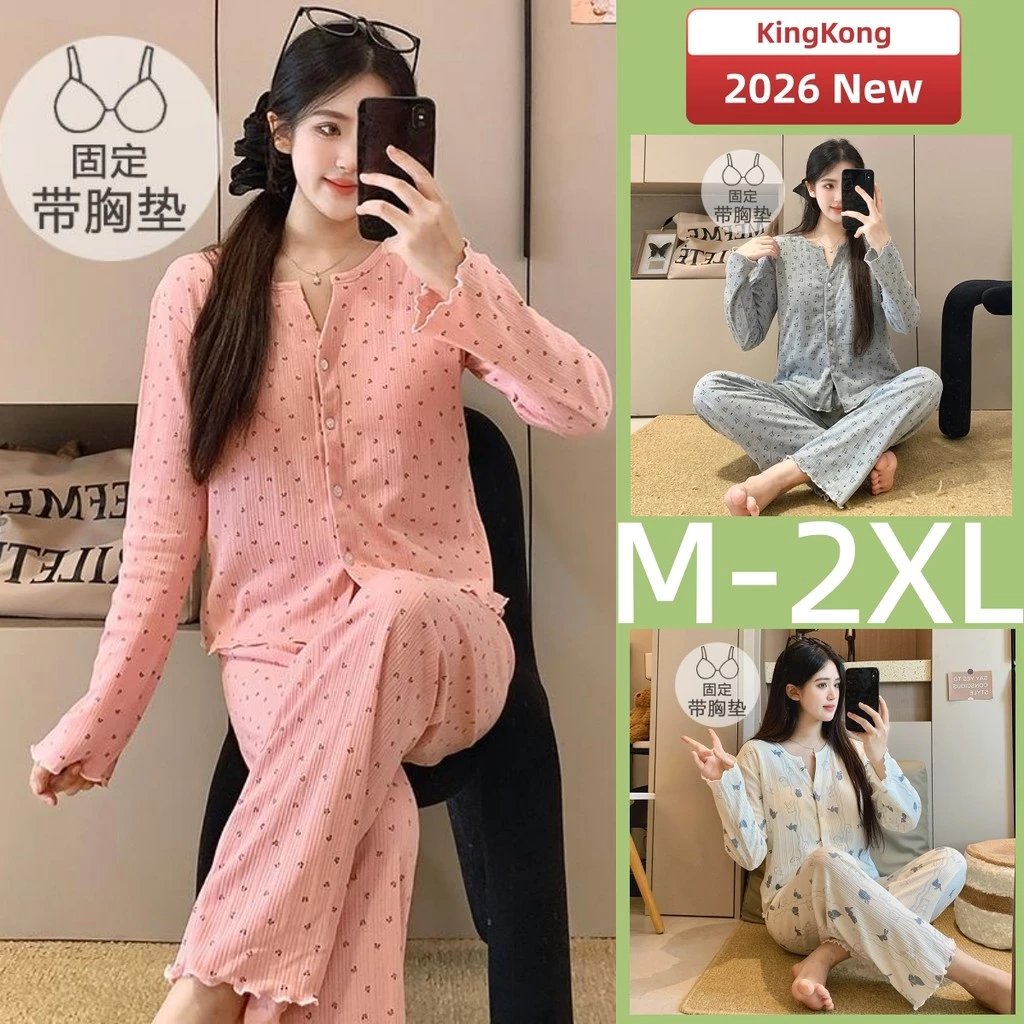 Bộ Đồ Ngủ Có Đệm Nữ Cotton Phù Hợp Mùa Xuân Thu, Dài Tay, Mặc Ở Nhà