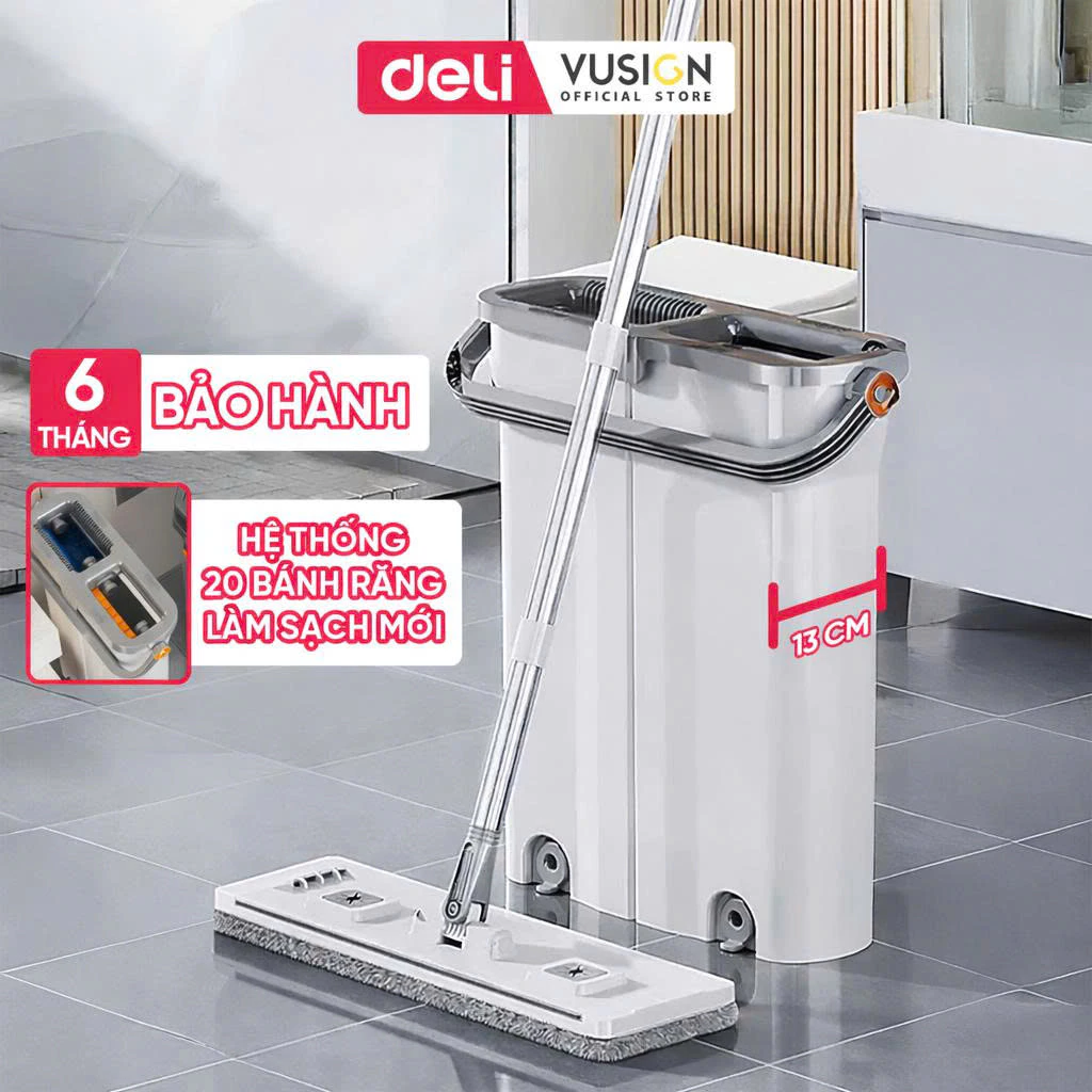 Bộ Cây Lau Nhà Tự Vắt Thế Hệ Mới Deli Chổi Lau 360 Độ Siêu Mỏng 4 Hệ Thống Làm Sạch Có Lỗ Thoát Nước