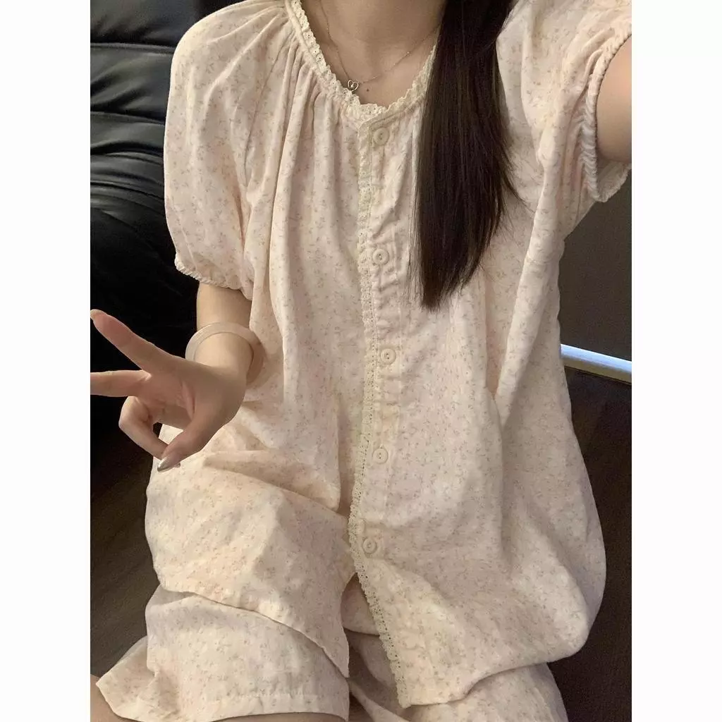 Bộ đồ ngủ mùa hè nữ tính, tươi mới và dễ thương, bộ đồ ngắn tay viền ren ngọt ngào, thoải mái mặc ở nhà - Hàng Order
