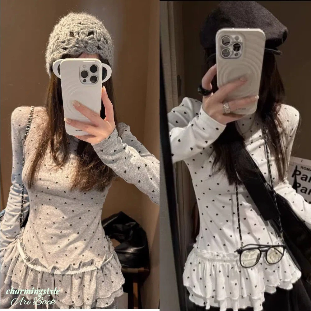 Áo Thun Dài Tay Phối Ren Chấm Bi Trái Tim Cho Nữ Mùa Xuân Thu Thiết Kế Mới Phong Cách Phương Tây Và Áo Đa Năng Top