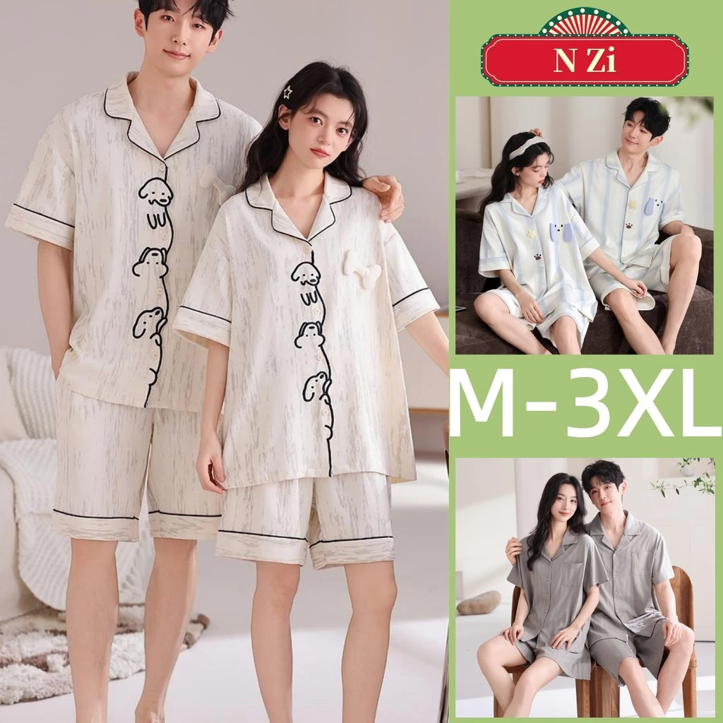 Bộ Đồ Ngủ Cặp Đôi Cotton Bộ Đồ Ngủ Nam Nữ Mùa Hè Tay Ngắn Đồ Ngủ Sọc Hoạt Hình Người Phụ Nữ Dễ Thương Mặc Mặc Nhà