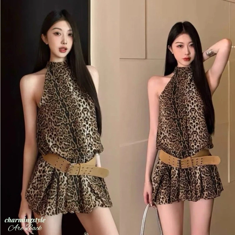 Đầm Họa Tiết Da Báo Gợi Cảm Thời Trang Mùa Hè Mới, Không Tay Váy Đầm, Cổ Yếm, Dáng Ngắn Ôm Eo Tôn Dáng.