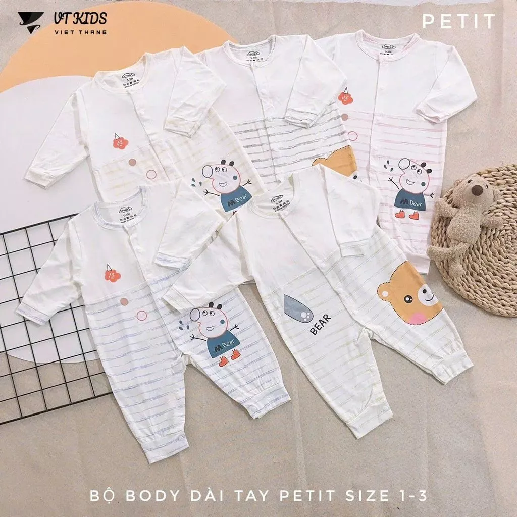 Áo liền quần dài tay cho bé sơ sinh 3-9kg, quần áo cho bé, chất thun mềm mịn màu VT, dễ mặc với cúc bấm tiện lợi.