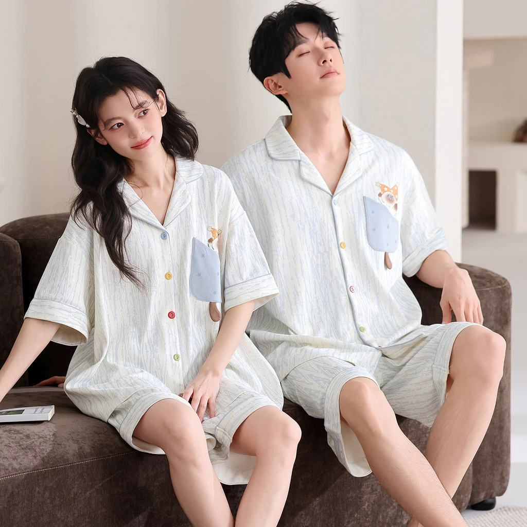 Bộ Đồ Ngủ Cặp Đôi Cotton, Thiết Kế Sọc Hoạt Hình Dễ Thương, Phù Hợp Mùa Hè