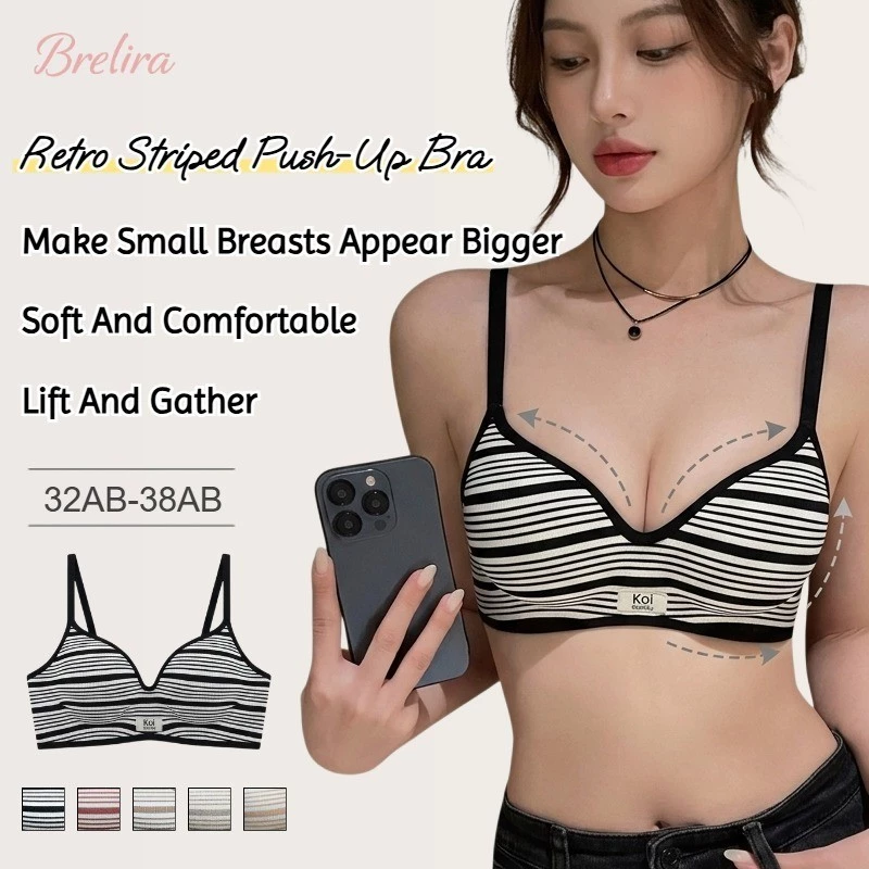 Áo ngực nâng ngực kẻ sọc phong cách retro 『Brelira』 dành cho nữ, nâng đỡ vòng một nhỏ, mềm mại, thoải mái, dây mỏng, ôm sát, có họa tiết kẻ sọc, thích hợp cho nữ.