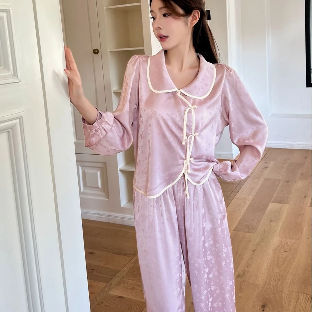 Bộ Đồ Ngủ Pijama Dài Tay Vải Lụa Lạnh Thiết Kế Sang Trọng Phong Cách retro Cho Nữ