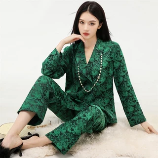 Ice Silk Bộ Pyjama Nữ Ve Áo Sang Trọng Hai Mảnh Bộ Cardigan Quần Áo Gia Đình Thường Ngày Có Thể Outworn Đồ Ngủ