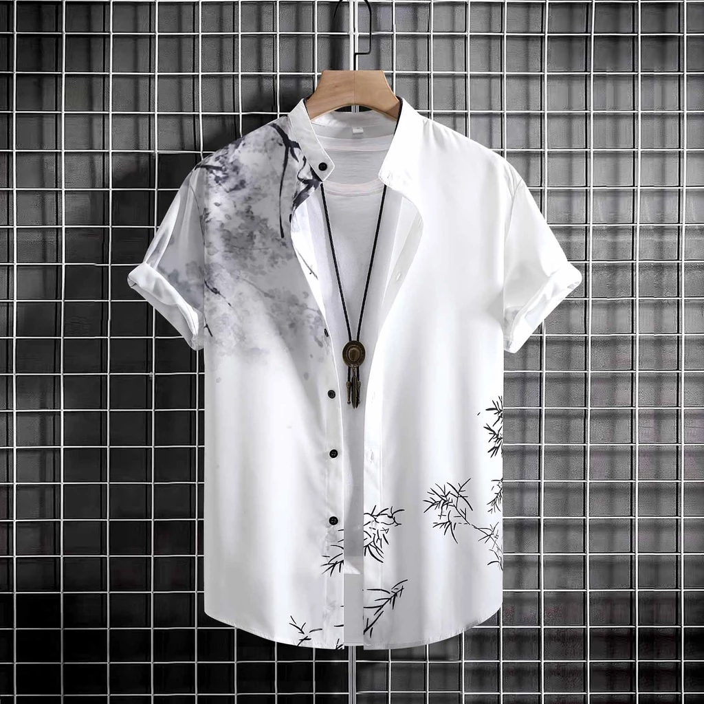 2023 Mới Nam Retro Phong Cách Trung Hoa Tay Ngắn Đứng Cổ Nút Rayon Áo Sơ Mi Họa Tiết Hoa Plus Kích Thước Hawaii Mùa Hè Đi Biển Trang Phục