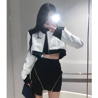 Set Áo Khoác Da Croptop Nữ Mix Váy Ngắn Dây Kéo