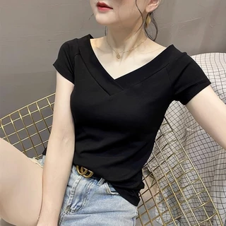 Áo Thun Nữ Mùa Hè Mới Màu Đen Đôi Cổ Chữ V Tay Ngắn Tee Cotton Ngoài Vai Gợi Cảm Top