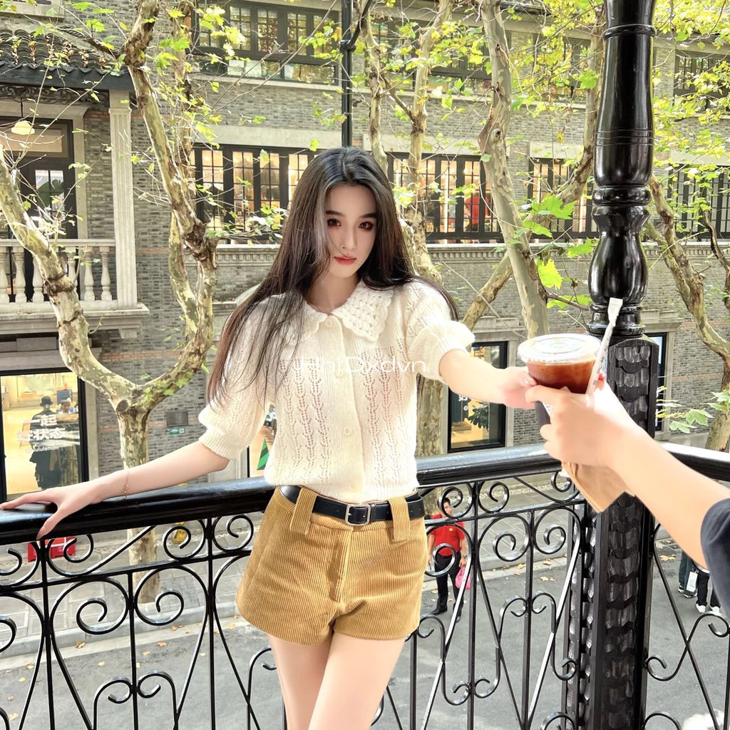 Mùa Hè Nhỏ Ve Áo Puff Tay Dệt Kim Cardigan Nữ Ôm Hơn Nhìn Rỗng Áo Sơ Mi Phong Cách Mới Hợp Thời Trang