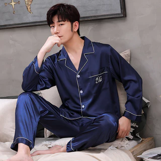 2024 Mới Ice Silk Men Pyjama Set Phiên Bản Hàn Quốc Bộ Đồ Ngủ Ve Áo Mỏng Bộ Đồ Ngủ