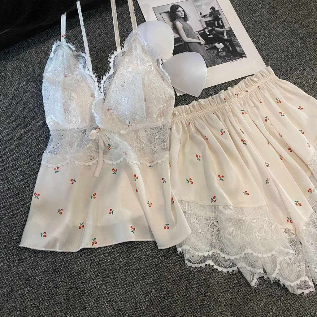 Bộ Đồ Ngủ Bằng Lụa Băng Cho Bé Gái Mùa Hè Suspenders, Quần Short Housewear Suit Có Miếng Lót Ngực Đồ Ngủ Gợi Cảm