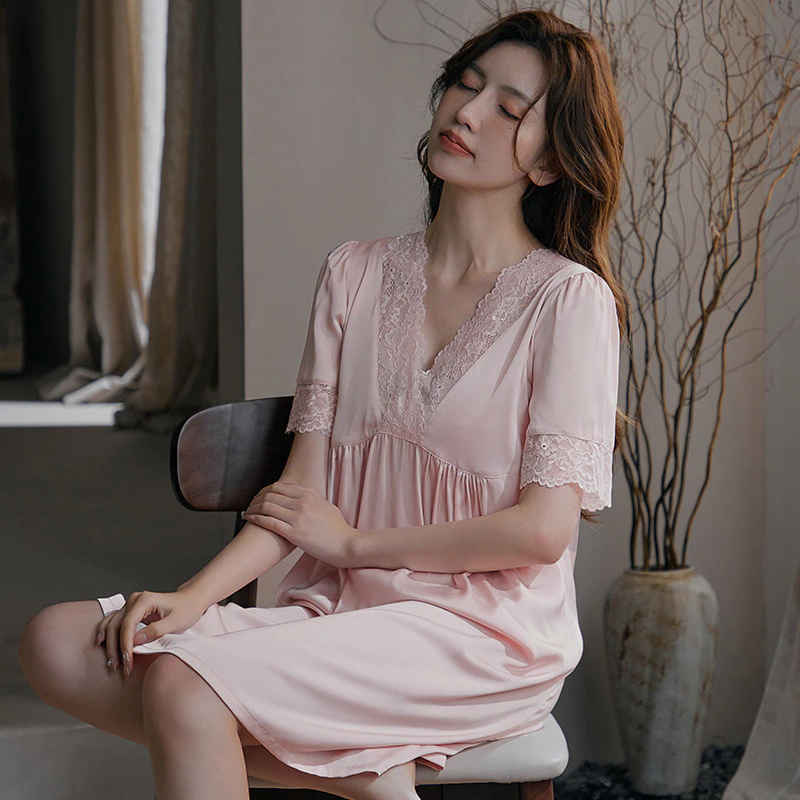 Nữ Xuân Hè Ren Gợi Cảm Váy Ngủ Băng Lụa Tay Ngắn Size Lớn Váy Ngủ