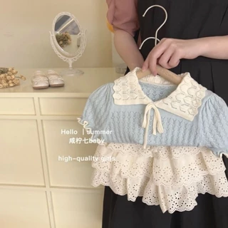 Bộ đồ mùa hè bé gái 2024 Phong cách mới Váy mùa hè cho bé gái dệt kim Cotton nguyên chất Quần Short ren ngắn tay Bộ đồ hai mảnh hợp thời trang