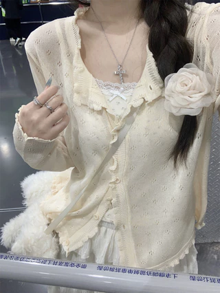 71197 Rời Ren Rỗng Kem Chống Nắng Cardigan Dệt Kim Dài Tay Áo