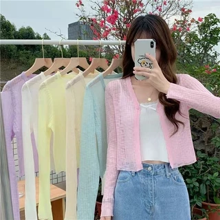 71341 Mùa Hè Phong Cách Mới Mỏng Hơi Trong Suốt Chống Nắng Cổ Chữ V Dệt Kim Cardigan Top