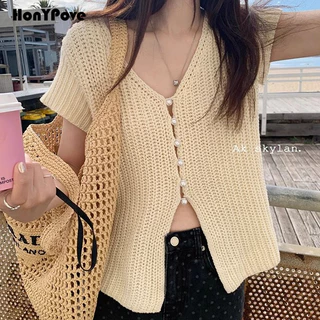 honypove Mùa Hè Phong Cách Mới Rỗng Tay Ngắn Cổ Chữ V Áo Len Nữ Slim-fit Ôm Hơn Nhìn Dệt Kim Cardigan