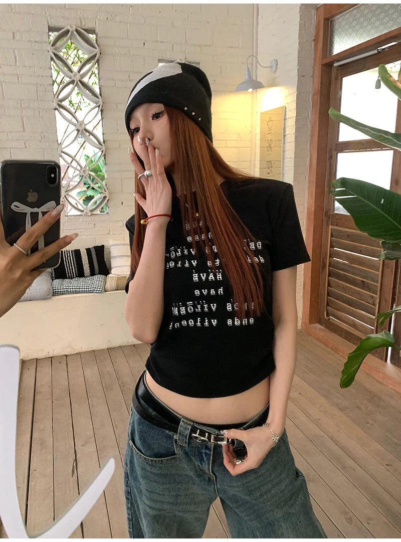 Jamaisvu In Chữ Cổ Tròn Tay Ngắn Vai Áo Thun Nữ Mùa Hè Cơ Bản Mỹ Hot Girl Slim-Fit Crop Ngắn Top