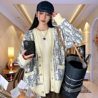 Dior 2024 Xuân Thu Mới CD All-over Jacquard Twill Cardigan Retro Áo Len Cổ Chữ V Áo Khoác Rời