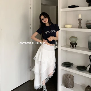 Honypove Bướm In Hình Slim-fit Slimmer Nhìn Ngắn Tay Áo Thun Nữ Mùa Hè Phong Cách Mới Cổ Tròn Ngắn