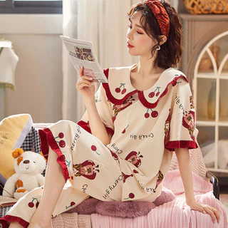 Đồ ngủ nữ mùa hè quần bảy tấc ngắn tay 100% cotton bộ hai chiếc mùa hè bộ đồ mặc nhà rộng rãi cho n