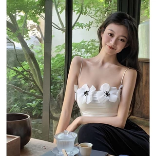 2024 Phong Cách Mới Trắng Ba Chiều Hoa Camellia Camisole Áo Thun Top wtxdf891d