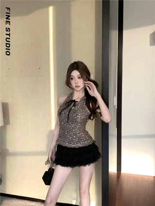 Sequin Ren-Up Áo Vest Không Tay Nữ Mùa Hè Phong Cách Mới Slim-fit Ôm Hơn Thiết Kế Nhìn Cảm Thấy Cô Gái Nóng Sang Trọng Top