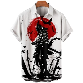 Nhật Bản Samurai 3D In Áo Sơ Mi Nam Mùa Hè Tay Ngắn Áo Sơ Mi Vintage Camisas Dạo Phố Quá Khổ Nam Áo Quần Áo