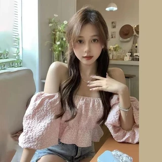 2024 Phong Cách Mới Puff Tay Top Vai Áo Sơ Mi Hồng Jacquard Top wtxa6757f