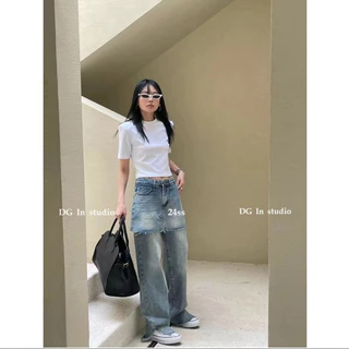 Shanmieleng 2024 Đầu Xuân Retro Cao Cấp Hơi Cắt Giả Hai Mảnh Thiết Kế Cảm Giác Sàn Quần Denim Váy Dài