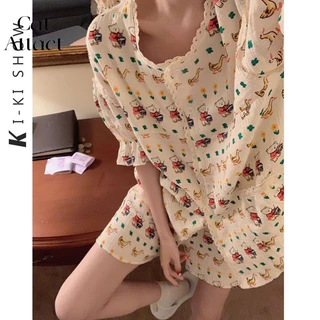 Hoạt Hình Gấu Cotton Bộ Đồ Ngủ Nữ Mùa Hè Phong Cách Mới Phiên Bản Hàn Quốc Rời Thời Trang Tay Phồng Loungewear Influencer Phong Cách Phù Hợp Với