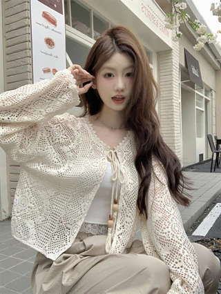 71732 Mùa Hè Rời Ren Rỗng Ren Ren Chống Nắng Dài Tay Cardigan Top