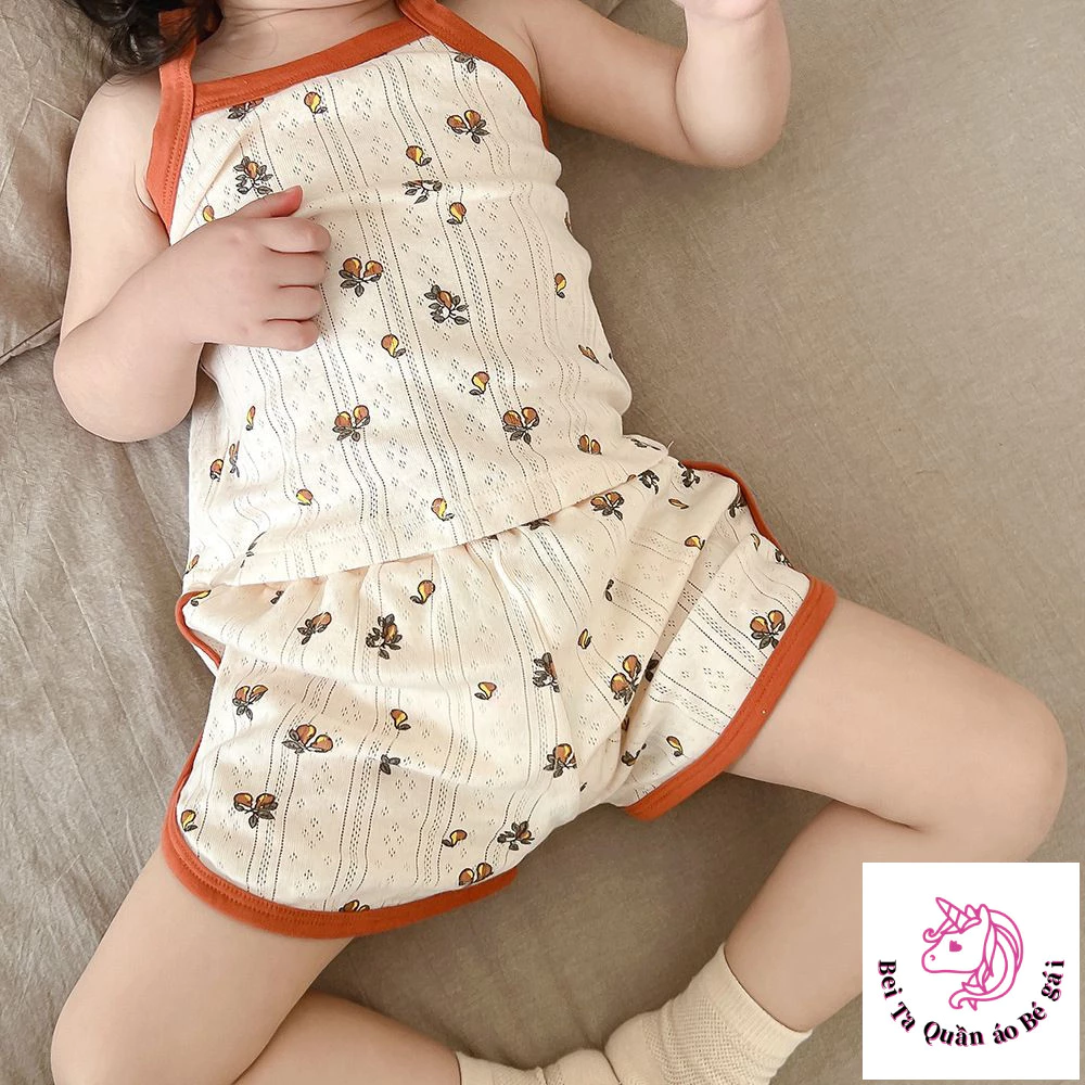 [Sản phẩm mới] Bộ đồ ngủ đeo chéo bé gái mùa hè phong cách mỏng Áo Vest Cotton nguyên chất không tay hoa