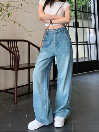 73469 Thiết kế túi lưng Quần thẳng dáng rộng cạp cao Quần Denim