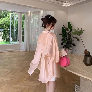 [Áo sơ mi mỏng chống nắng] Áo sơ mi Cardigan lụa băng nhẹ phong cách mới Khe lưng màu xanh lá cây phù hợp