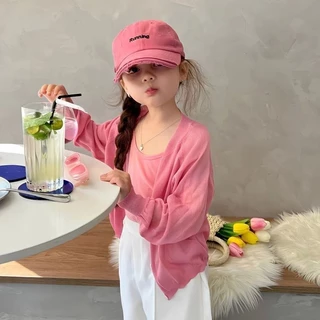 [Sản phẩm mới] Mùa hè Phong cách mới cho bé gái Quần áo chống nắng phong cách mỏng Áo len Cardigan lụa băng thời trang cho trẻ em Quần áo chống nắng
